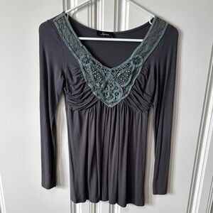 Gray Long Sleeve Top with Embellished Neckline